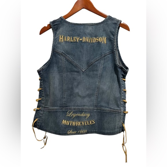 Harley Davidson Embroidered Denim Vest Suede Lace Up Women’s Size XL - Picture 1 of 7